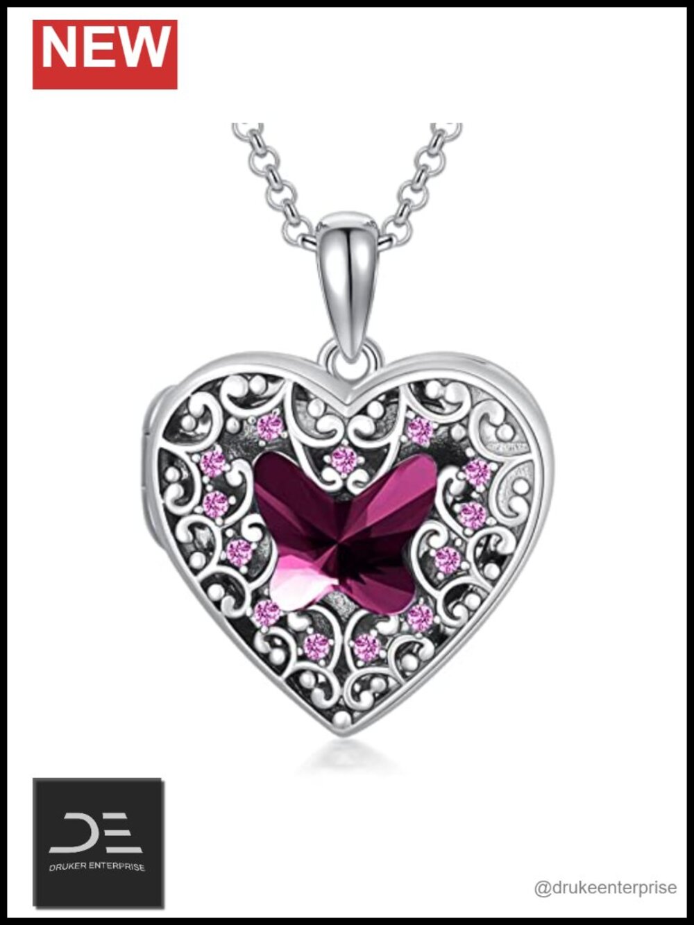 925 Sterling Silver Photo Locket Necklace Butterfly Birthstone Crystal Heart
